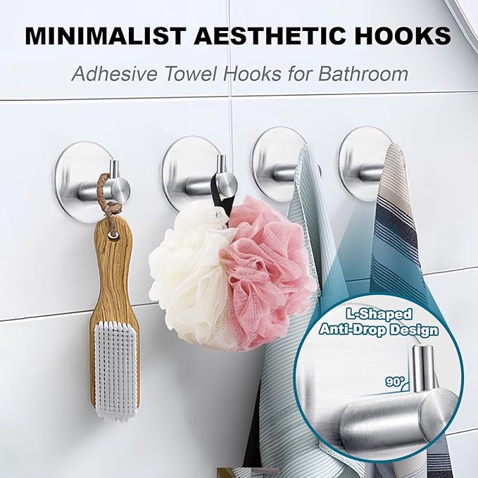 Towel Hooks for Bathroom (4 Pack) Adhesive Towel Hook Shower Hooks for Inside Shower - Sticky Bathroom Wall Hooks for Hanging Towels, Robe, Loofah, Bath Sponge - Brushed Nickel Towel Hooks