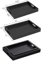 Black Acacia Wooden Rectangular Serving Tray with Handles, Set of 2 (15"x11"), Large Tray for Ottoman, Breakfast in Bed, Dinner, Coffee Table Decor & Kitchen