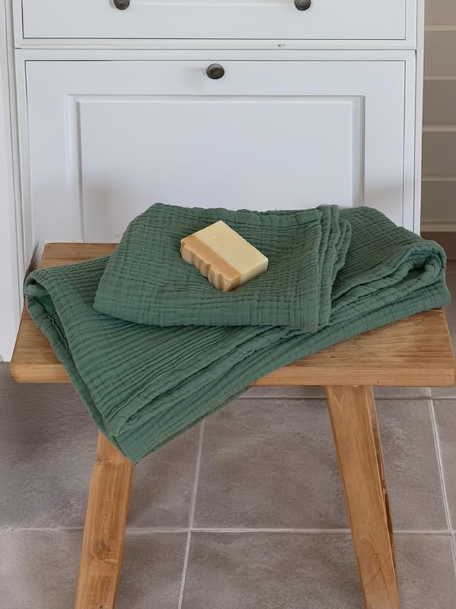 4 Pieces Muslin Towel Set for Bathroom, Luxury 100% Turkish Cotton Thin Soft Quick-Dry Lint-Free Large Size Bath Hand Towel Sets (Green, 2 Bath & 2 Hand Towel Set)