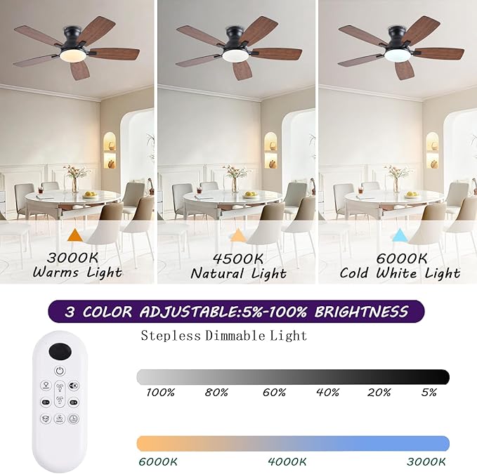 42inch Ceiling Fans with Lights, Low Profile Ceiling Fan with Light and Remote/APP Control, DC Reversible Motor, Noiseless, Flush Mount, Brown Ceiling Fan for Bedroom Indoor/Outdoor Use