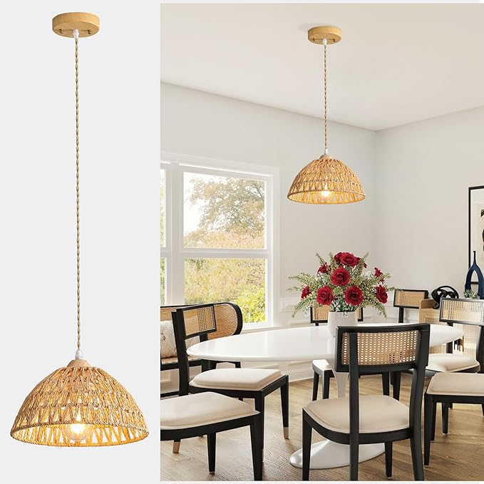 Farmhouse Wicker Pendant Light, 1-Light Boho Rattan Chandelier Light Fixture, Ceiling Hanging with Woven Lampshade, for Kitchen Bedroom Island Hallway, ETL Listed