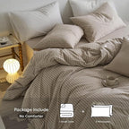 MooMee Striped Duvet Cover Set 100% Washed Cotton Linen Like Textured Breathable Durable Soft Comfy (Tannish Linen Grey White Wide Stripes, Cal King 104"x98")