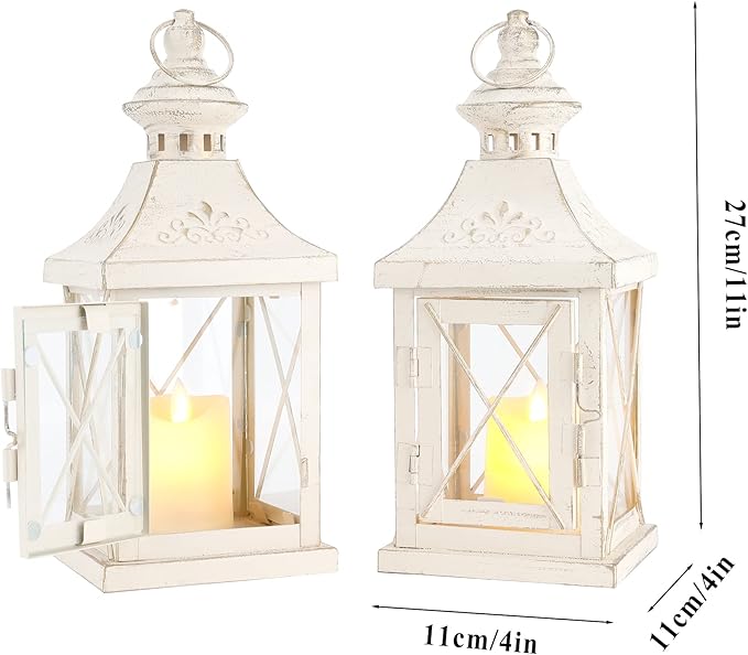 TRIROCKS Set of 2 Decorative Candle Lantern 11'' High Metal Candle Holder Hanging Lantern Perfect for Home Decor Halloween Living Room Parties Events Tabletop Indoors Outdoors (White with Gold Brush)