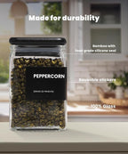 APT 1101 Glass Square Spice Jars with Labels, 4oz Glass Jars with Bamboo Lids, Spice Bottles, Seasoning Organizer, 12 Pack (Black)