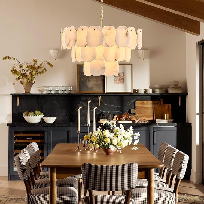 32″ Alabaster Chandelier, 16-Light Marble Round Chandelier, Modern Dining Room Chandeliers, 3 Tiers White & Brass Alabaster Chandeliers for Living Room Bedroom Bathroom Kitchen Foyer