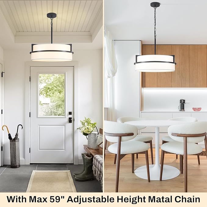 19.7" Black Drum Chandelier,5-Lights Large Drum Pendant Light with White Linen Shade Round Modern Chandeliers for Dining Room Bedroom Kitchen Island Over Table Hanging Ceiling Light Fixtures