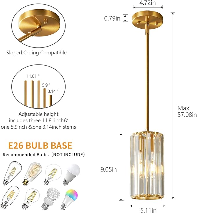 Gold Pendant Lighting Modern Pendant Light Mini Crystal Chandeliers Adjustable Pendant Light Fixture for Kitchen Island Dinning Room Corridor Bedroom(Gold 2-Pack)