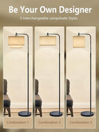 64" Modern Floor Lamp for Living Room Bedroom, Arc Floor Lamp with 3 Color Temperatures, Standing Lamp with Double Oatmeal Linen Lampshade, Tall Lamp with A19 12W LED Bulb, Foot Switch Control, Black
