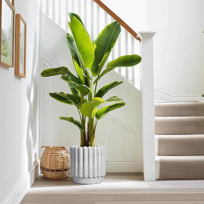 Ceramic Flower Pots - 9.6 Inch Indoor Planter, Decorative Ceramic Plant Pots with Drainage Hole, Fluted Round Large Planter Outdoor, Living Room Decor, Gifts for Women Men, Black and White
