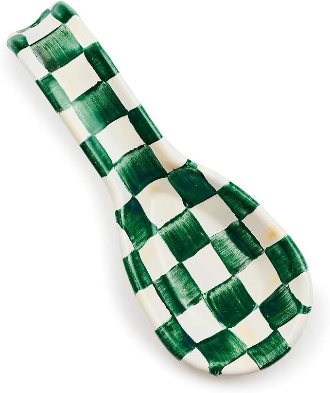 MACKENZIE-CHILDS Enamel Spoon Rest, Kitchen Utensil Rest and Spoon Holder, Kitchen Decor, Green-and-White Emerald Check