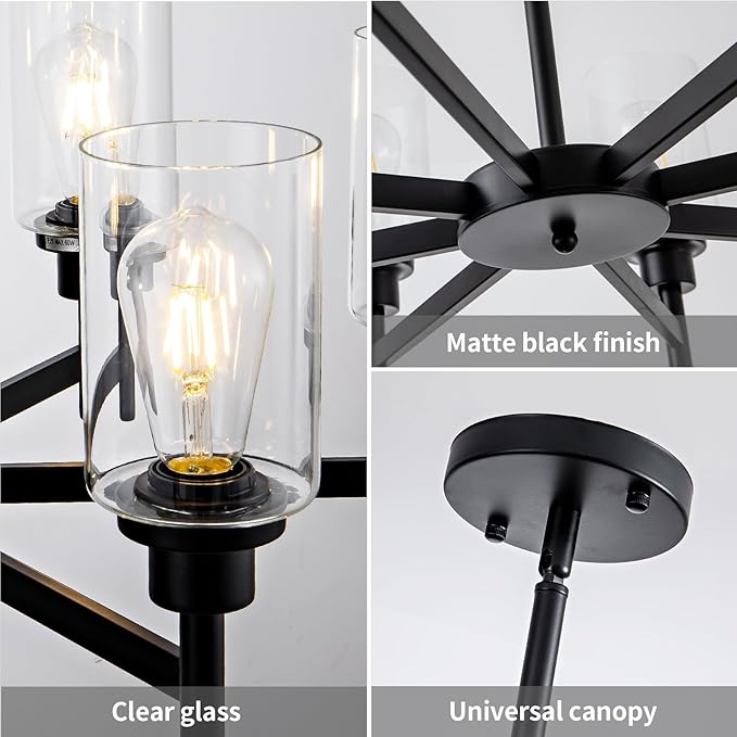 8 Light Black Chandeliers for Dining Room Light fixtures Over Table Modern Farmhouse Chandelier Industrial Hanging Pendant Lighting for Living Room Foyer Kitchen Table with Glass Shade