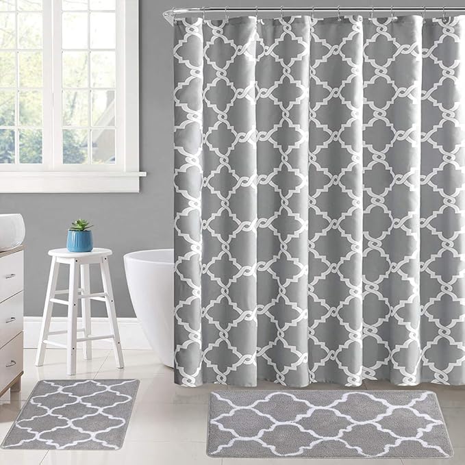 WELTRXE Moroccan Fabric Shower Curtain with Hooks, Waterproof Polyester Geometric Pattern Bathroom Curtains, Machine Washable, 72 x 72 inches, Gray