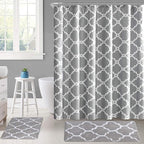 WELTRXE Moroccan Fabric Shower Curtain with Hooks, Waterproof Polyester Geometric Pattern Bathroom Curtains, Machine Washable, 72 x 72 inches, Gray