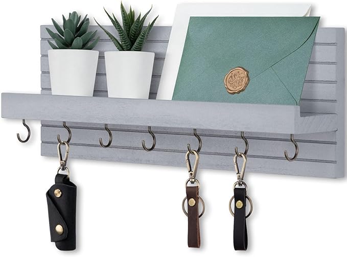 Key Holder Wall Mount, Entryway Mail Organizer with Shelf, Decorative Key Hanger with 7 Hooks Holds Leashes and Glasses, Includes Mounting Hardware (13.8” x 5.3” x 3.2”)