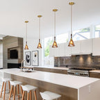 Amber Glass Vintage Pendant Light Height Adjustable Handmade Glass Pendant Lights Kitchen Island Gold Hanging Light Fixture with Wood Handle for Bedroom Dining Room Hotel (2 Pack)