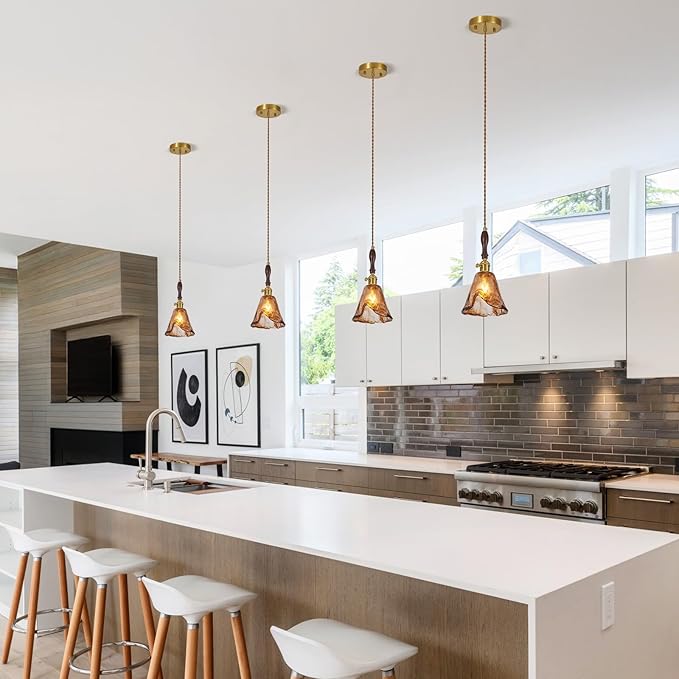 Amber Glass Vintage Pendant Light Height Adjustable Handmade Glass Pendant Lights Kitchen Island Gold Hanging Light Fixture with Wood Handle for Bedroom Dining Room Hotel (2 Pack)