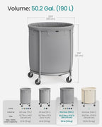 SONGMICS 50.2-Gallon (190 L) Laundry Basket with Wheels, Rolling Round Heavy-Duty Laundry Hamper Cart with Steel Frame and Removable Bag, 2 Locking Wheels, Gray and Metallic Silver URLS001G01