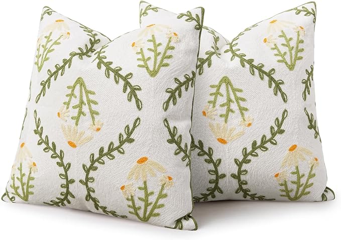 Adabana Embroidered Pillow Cover Set of 2 Farmhouse Decorative Floral Throw Pillow Covers 18x18 inch for Couch Sofa Bed Living Room Decor Green and White