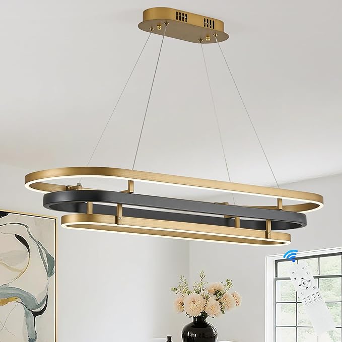3 Ring LED Chandelier Black Gold Rectangular Chandeliers 39in Modern Oval Dining Room Chandeliers Over Table 70W Dimmable Rectangle Chandelier Light for Kitchen Island Study Room Home Office