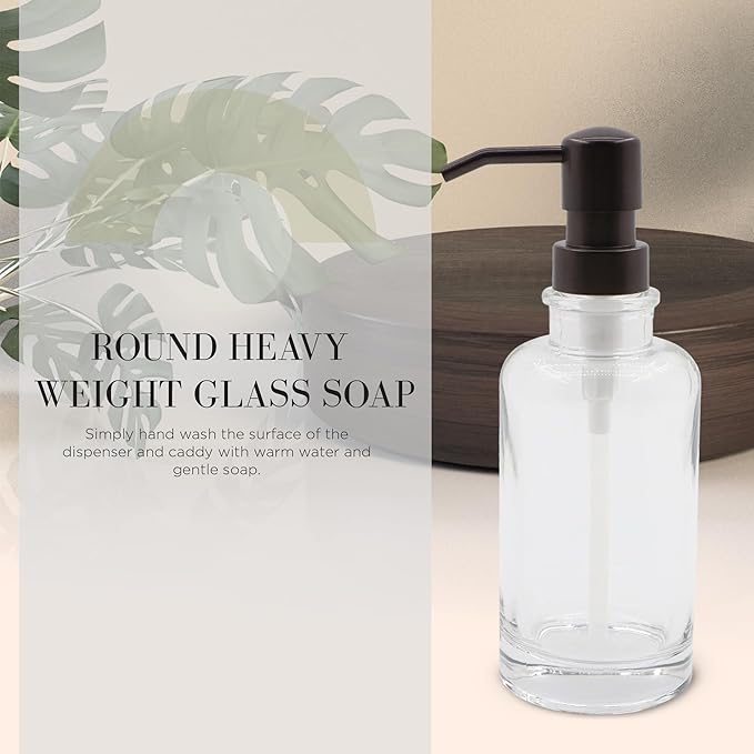 3 Piece Round Heavy Weight Glass Soap Lotion Pump Dispenser Set with Metal Caddy for Home Bath Kitchen Travel Office Hand Crafted Metal Tray Oil Rubbed Bronze