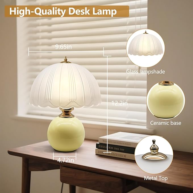Mid Century Modern Table Lamp - Glass Mushroom Lamp with 3 Color Temps, 12" Vintage Bedside Lamp for Bedroom Living Room, Retro Desk Lamp with E26 Bulb