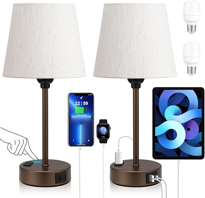 Brown Bedside Lamps for bedrooms Set of 2 - Nightstand Bedroom Lamp with USB C Port and AC Outlet Charging, 3 Way Dimmable Touch Control Small Bed Side Table Lamp, Nightstand Light for Kids