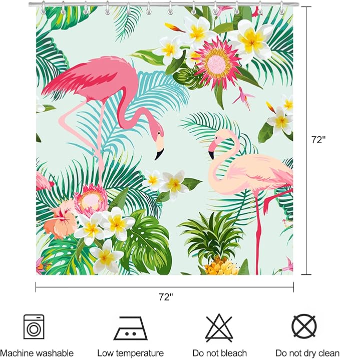 Pink Flamingo Shower Curtain Tropical Floral Leaves Green Summer Shower Curtains for Bathroom Waterproof Polyester Fabric Bath Curtain 72 x 72 Inch with 12 Plastic Hooks