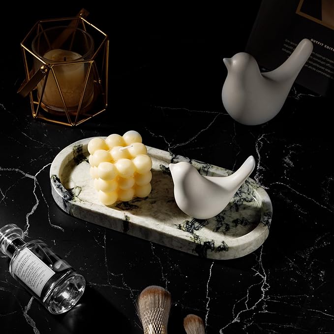 WORHE Natural Marble Vanity Tray Luxury Oval Stone Trays for Jewelry Perfume Candle, Calacatta Viola Decorative Dish for Bathroom,Bedroom,Dresser Countertop Storage Organizer for Home Decor (WH059)