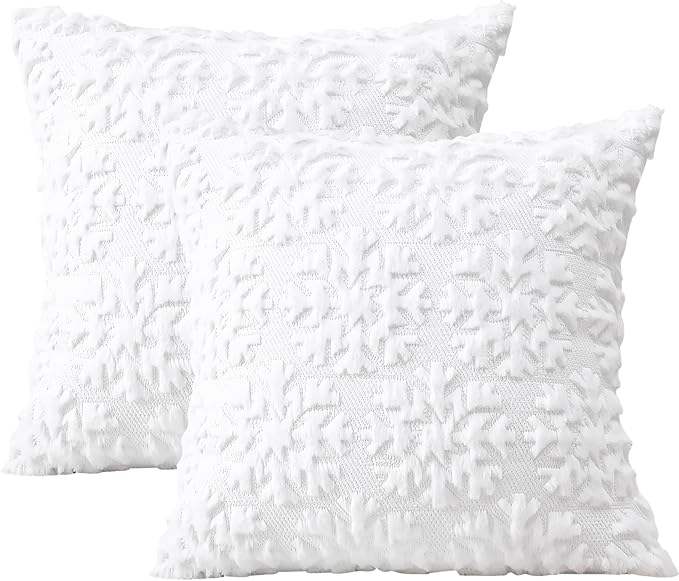 OTOSTAR Set of 2 Xmas Soft Plush Short Wool Velvet Decorative Throw Pillow Covers Square Luxury Style Cushion Case Pillow Shell for Sofa Bedroom Snowflake White, 22x22 Inch