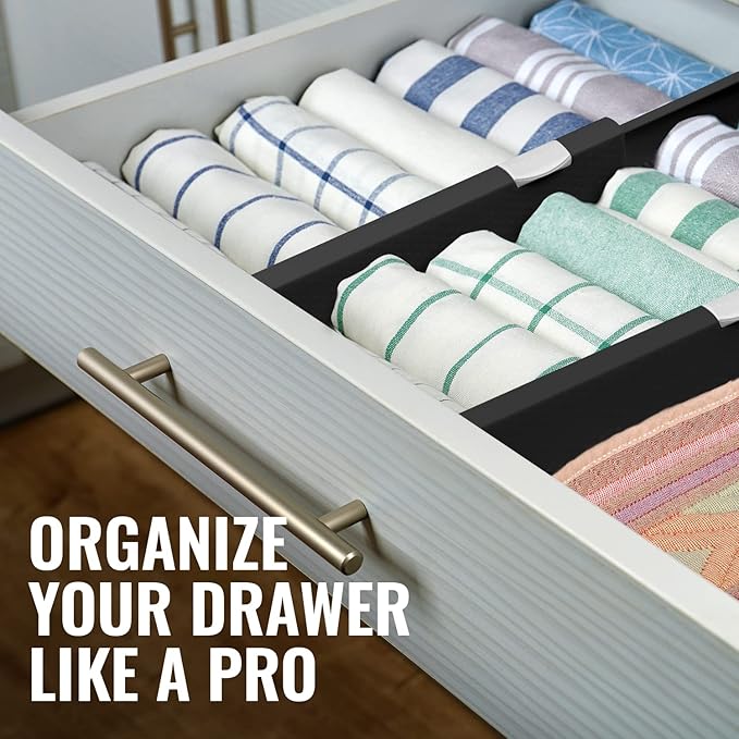 RAPTUROUS Deep Drawer Dividers 8 Pack, 6 Inch Tall, 13-22 Inch Long Expandable, Adjustable Drawer Organizer for Clothing, Dresser, Kitchen, Strong Hold, Soft Foam Edges, Black