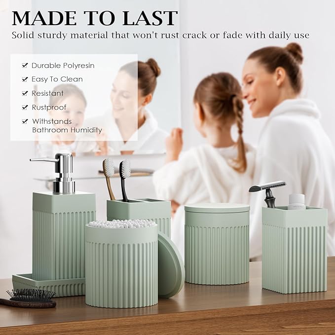 Bathroom Accessories Set, 6-Piece Resin Green Bathroom Set with Toothbrush Holders, Soap Dispenser, Vanity Tray, Tumbler, Cotton Swab Jars, Modern Bathroom Organizer for Small Spaces