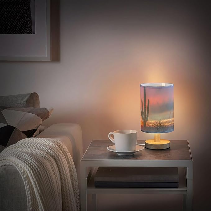 Table Lamp Saguaro Cactus in Sunset Arizona Desert Nightstand Lamp with Wood Base Fabric Lamp Shade Bedside Desk Lamp for Living Room Bedroom Kids Room Office