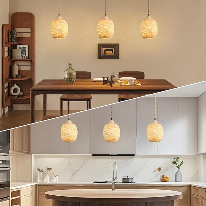 3-Light Bamboo Plug in Pendant Light with Switch, Boho Hanging Lights, 15ft Hand Woven Cord, for Bedroom Kitchen Island Farmhouse, ETL Listed