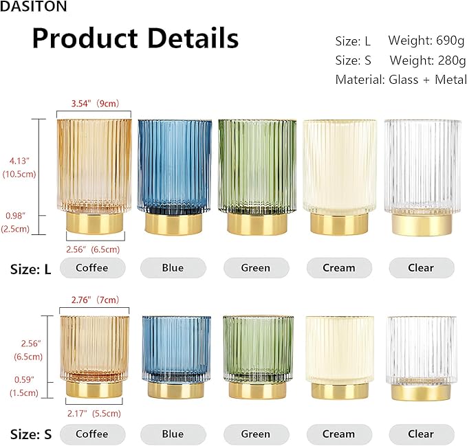 DASITON Makeup Brush holder Organizer,Crystal Cosmetic Makeup Brush Glass Brushes Storage Holder, Vintage Make Up Brush Cup Pen Pencil Holder striped vase(Cream S+L)