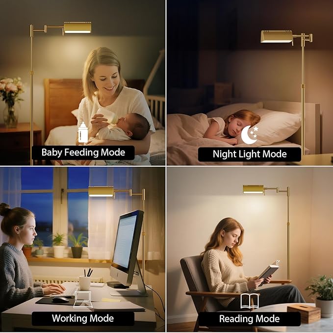 SUNMORY Dimmable LED Pharmacy Floor Lamp, 16W Bright Reading Floor Lamp with Remote & Touch Control, 350°Swing Arm, Adjustable Task Craft Standing Lamp for Living Room Bedroom Office, Gold
