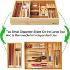 Double Layer Bamboo Kitchen Drawer Organizer Cutlery Utensil Silverware Drawer Organizer, Large Silverware Tray for Drawer Removable Utensil Holder Flatware Organizer Multi-use Storage Box