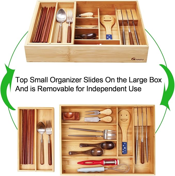 Double Layer Bamboo Kitchen Drawer Organizer Cutlery Utensil Silverware Drawer Organizer, Large Silverware Tray for Drawer Removable Utensil Holder Flatware Organizer Multi-use Storage Box