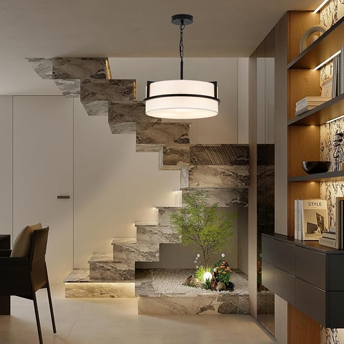 Modern Drum Chandelier for Dining Room 3 Light,15.7" Wide White Linen Drum Shade Ceiling Light Fixture,Pendant Lighting with Adjustble Hang Height Chandelier for Kitchen Islands Living Bedroom
