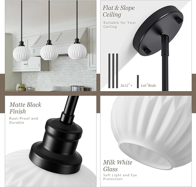 Milk Glass Pendant Lights Kitchen Island, 1-Light 7.1" Black Modern Pendant Light Fixtures with Rods, Globe Hanging Lighting for Kitchen Sink Bathroom Dining Room, E26 Base
