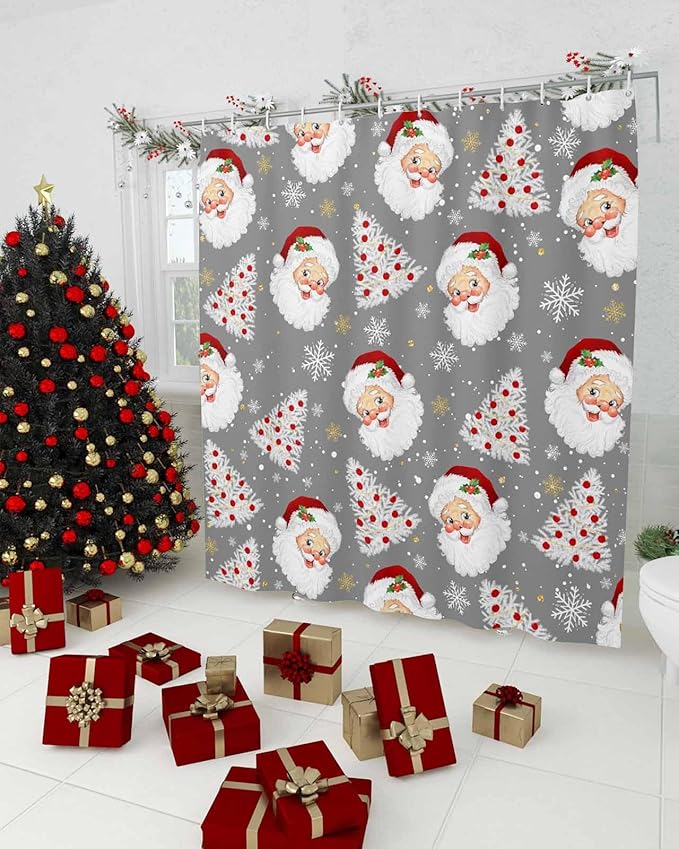 Grey Christmas Shower Curtain, Santa Claus Merry Christmas Tree Shower Curtains Set with Hooks, Winter Snowflake Waterproof Fabric Bathroom Curtains Decor Home Accessories,72 X 72 Inch Long