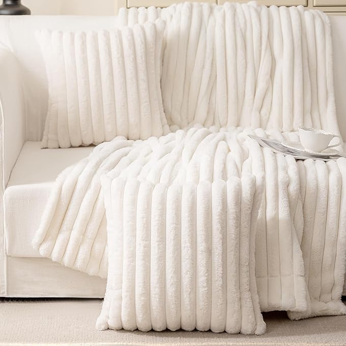 MOSAYT Faux Fur Double Throw Pillow Covers 16x16, Set of 2, Plush Velvet Soft Pillow Case,Fluffy Striped Decorative Couch Pillow Covers for Sofa, Bedroom, Living Room(Cream White)