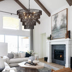 25.6" Large Black Rattan Chandelier Farmhouse 8-Lights Boho Hand Woven Bamboo Black Chandeliers Light Fixture Rustic Drum Wicker Chandelier for Dining Room, Kitchen, Living Room, Bedroom, E12