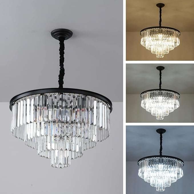 Black Modern Crystal Chandelier, 4-Tier Round Flush Mount Ceiling Light Fixtures Height Adjustable Pendant Lighting for Dining Room Living Room Bedroom Kitchen Hotel Foyer