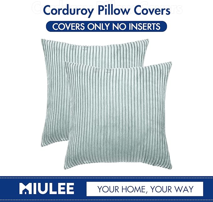 MIULEE Pack of 2 Corduroy Pillow Covers Soft Soild Striped Throw Pillow Covers Set Decorative Square Cushion Cases Pillowcases for Sofa Bedroom Couch 20 x 20 Inch Mint