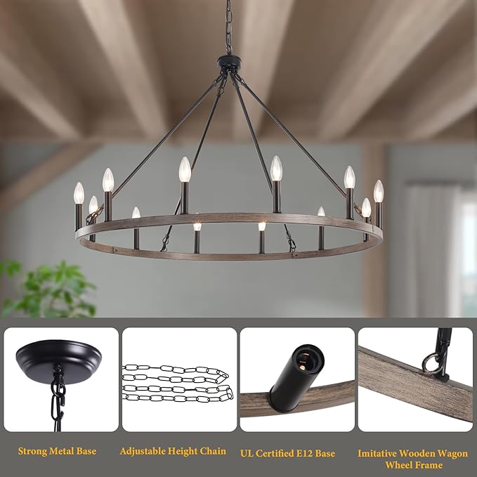 12-Light Black Wagon Wheel Chandelier, 38''Rustic Farmhouse Chandelier,Round Hanging Ceiling Pendant Light Fixture,for Kitchen Island Living Dining Room Bedroom Hallway Entryway Foyer