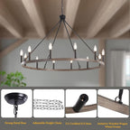 12-Light Black Wagon Wheel Chandelier, 38''Rustic Farmhouse Chandelier,Round Hanging Ceiling Pendant Light Fixture,for Kitchen Island Living Dining Room Bedroom Hallway Entryway Foyer