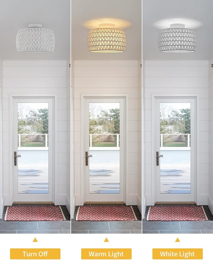 WILON White Rattan Semi Flush Mount Ceiling Light Fixture, 1-Light Boho Light Fixtures with Fabric Shade, Modern Hand-Woven Drum Ceiling Lamp for Hallway Entryway Living Room Bedroom Hall Nursery
