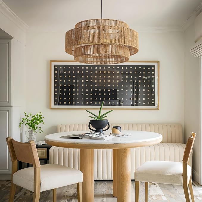 3-Tier Large Rattan Chandeliers, 23.6in Woven Boho Coastal Pendant Lights for Dining Room