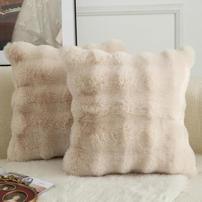 MANDIOO Pack of 2 Thick Plush Wool Decorative Throw Pillow Covers Super Soft Wave Bubble Fur Velvet Cushion Covers Pillow Shams for Couch Bed Living Room 26x26 Inch Beige