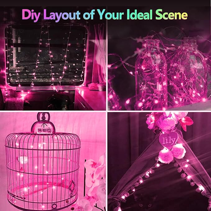 4 Pack 20FT 60LED Fairy Lights Battery Operated, Mother's Day String Light with Timer Waterproof, Battery Twinkle Lights for Girl's Bedroom Wedding Anniversary Decorations (Pink)